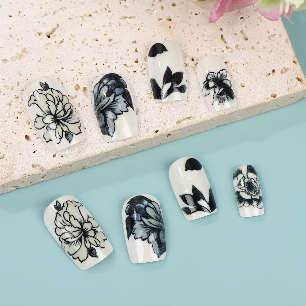 Artificial nails with floral black-and-white design Acalora
