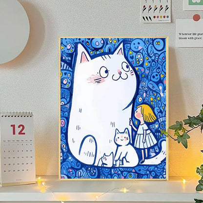 Playful Cat and Girl Illustration Canvas Art