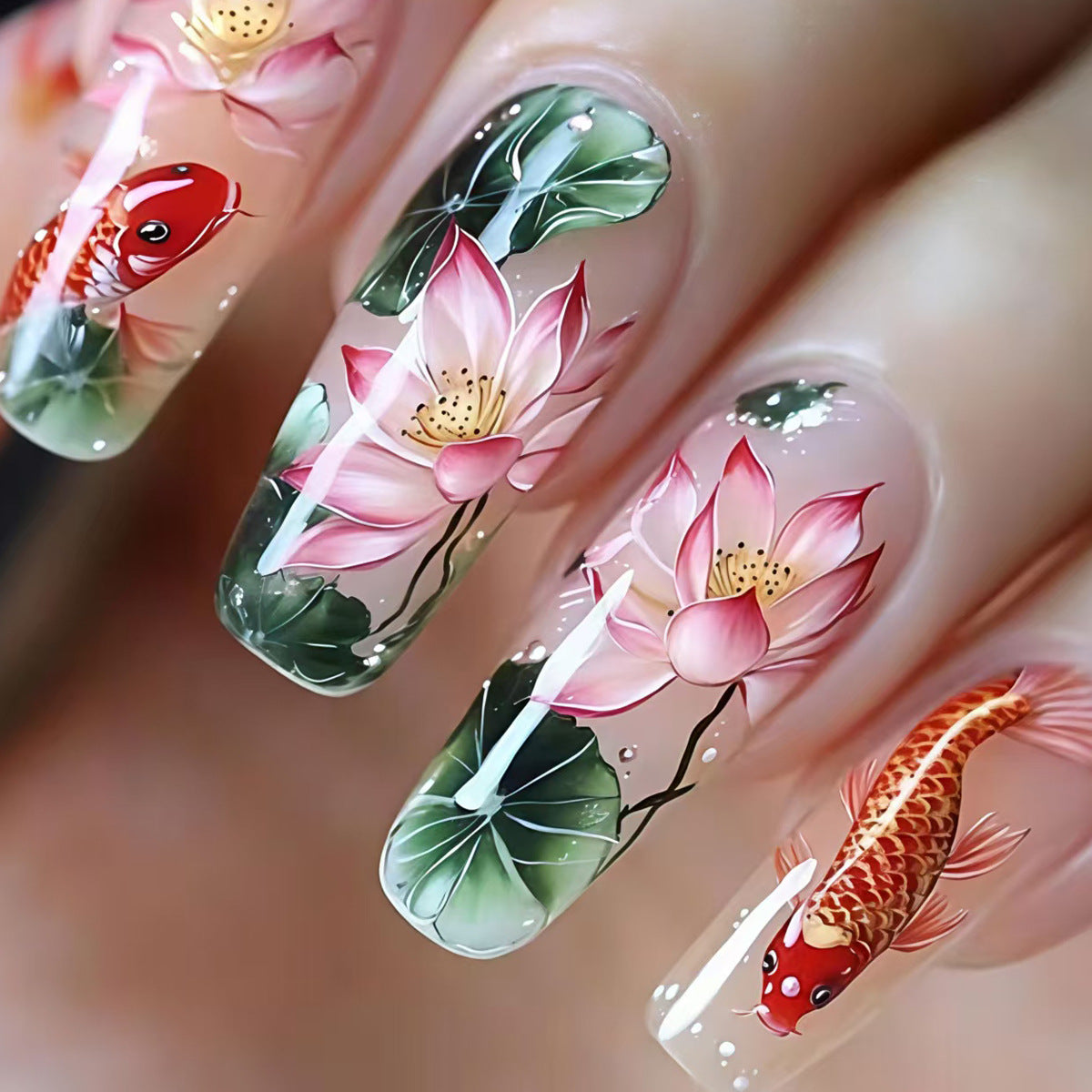 Artistic Water Lily and Koi Fish Nail Art Acalora
