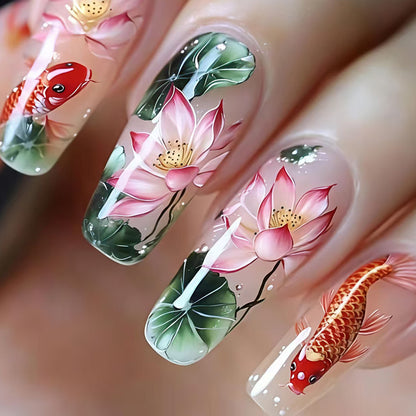 Artistic Water Lily and Koi Fish Nail Art Acalora