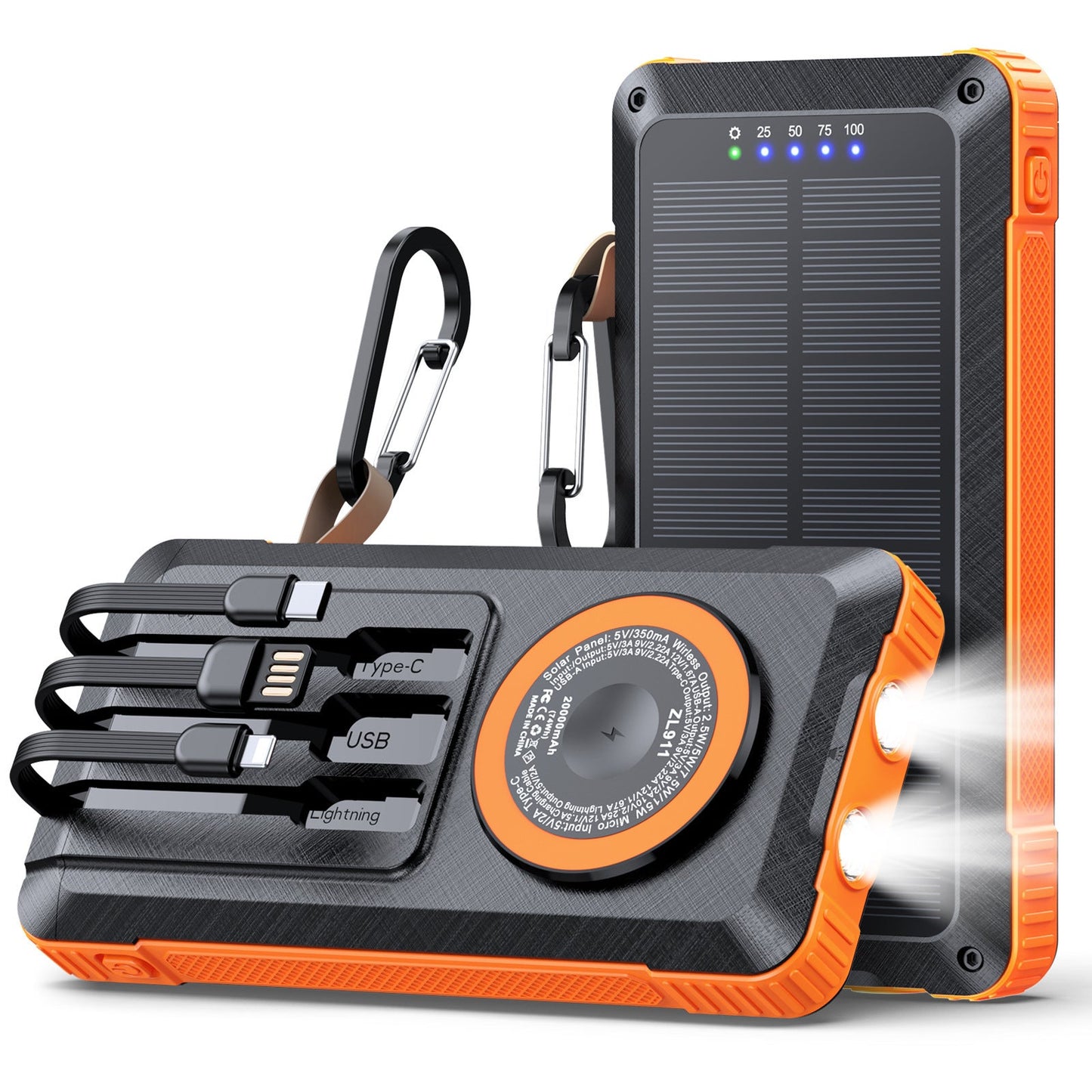 Solar Powerbank with Multifunctional LED Light and Integrated Charging Cable Bowlift