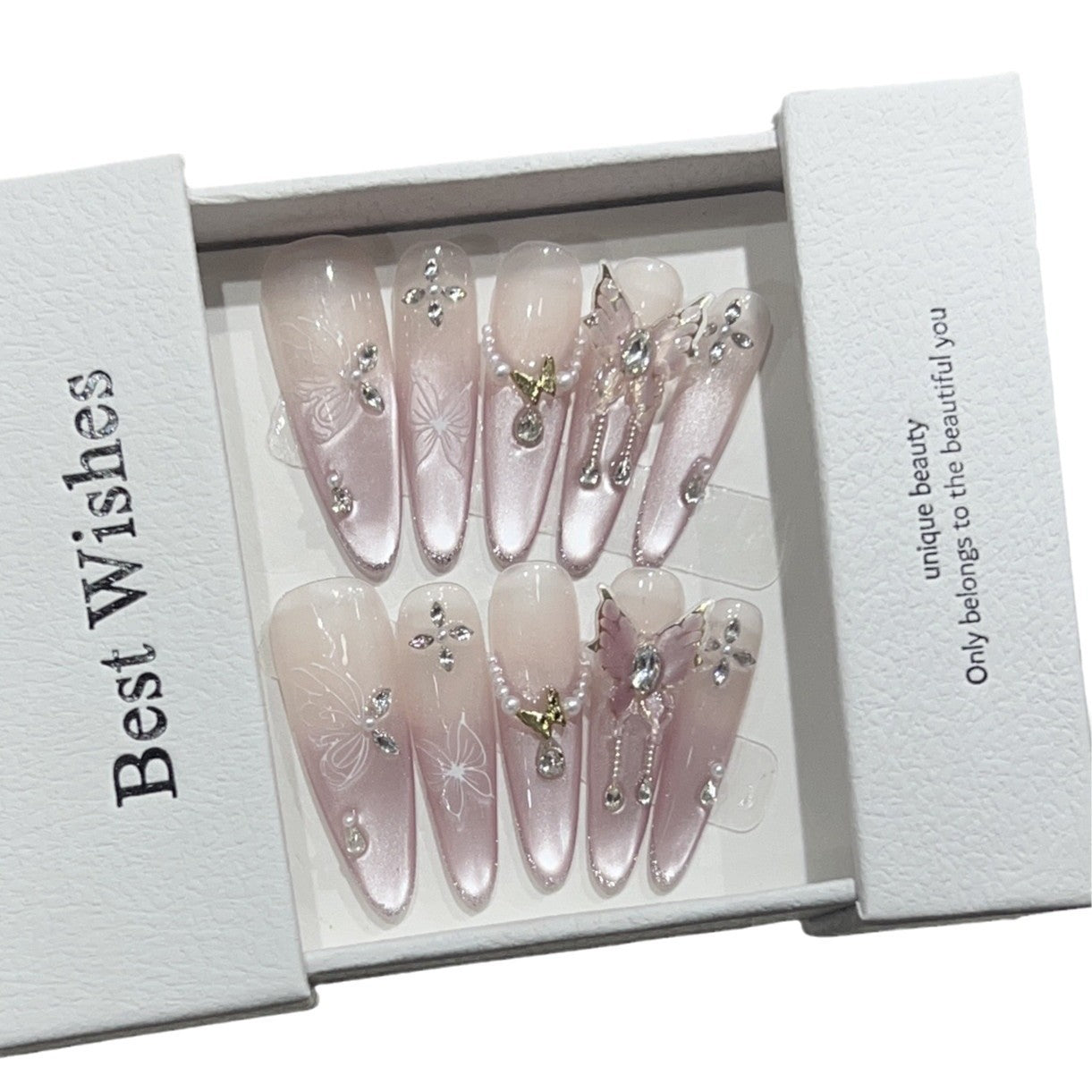 Artistic Stiletto Press-On Nail Design Set with Butterfly and Gemstone Accents Acalora