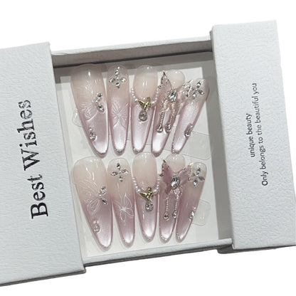 Artistic Stiletto Press-On Nail Design Set with Butterfly and Gemstone Accents Acalora