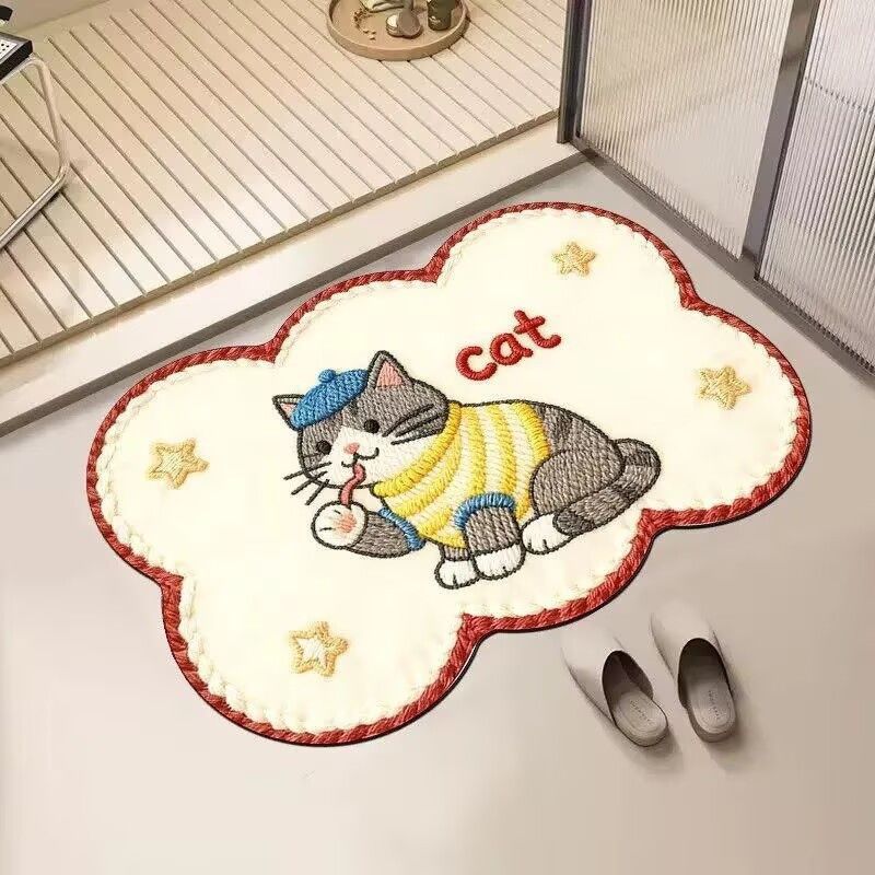 Embroidered Cat-Themed Bath Rug