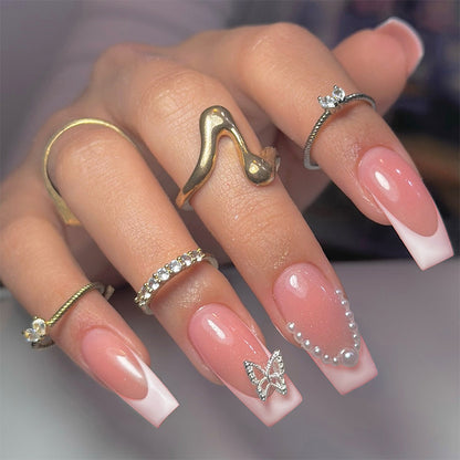Artistic Press-On Nail Art Set with Butterfly and Gem Accents Acalora