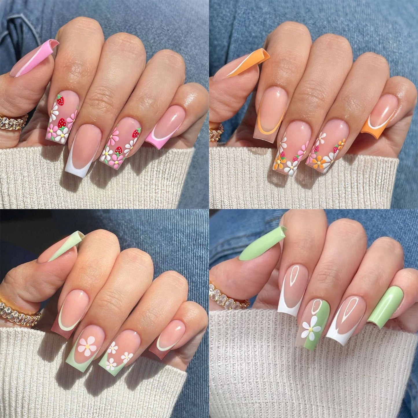 Decorative Floral Press-On Nail Art Set with 3D Flower Accents Acalora