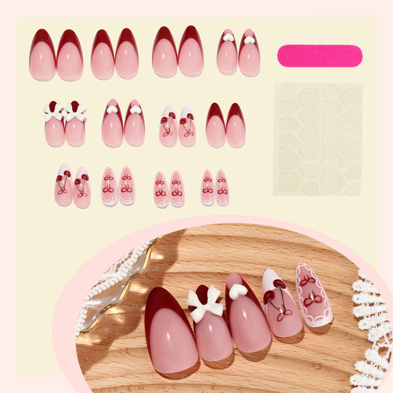 Decorative Press-On Nail Art Set with 3D Bow and Cherry Designs Acalora