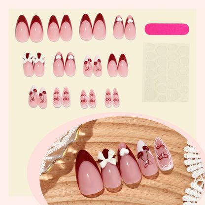 Decorative Press-On Nail Art Set with 3D Bow and Cherry Designs Acalora