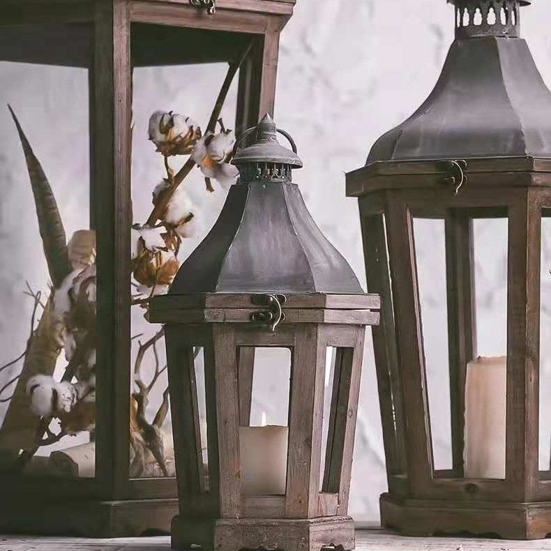 Rustic Weathered Wood and Metal Indoor Outdoor Candle Lantern Set Acalora