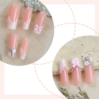 Decorative Press-On Nail Set with Elegant Floral and Gem Accents Acalora