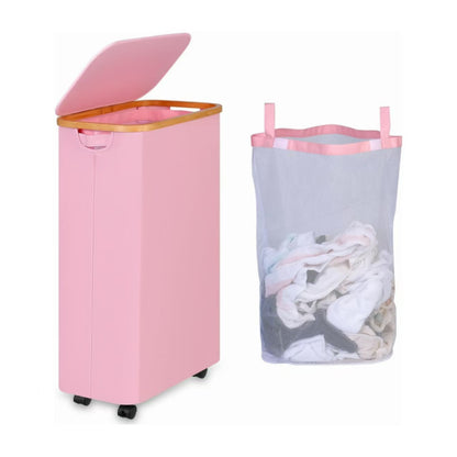 High-quality laundry container with bamboo lid and practical carrying handle Acalora