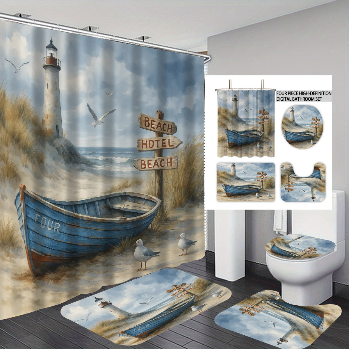 Coastal Lighthouse-Themed Four-Piece Bathroom Set