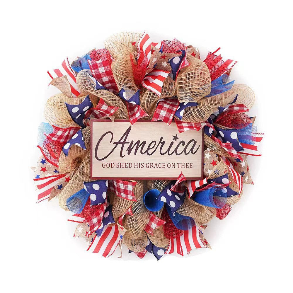 Unisex decorative country house door wreath with overlapping wooden stars and multiple ribbon bows Kalsten