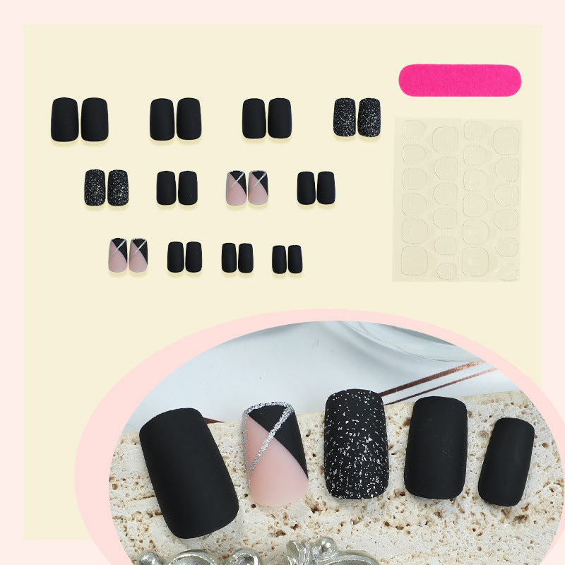 Matte Finish Press-On Nail Set with Glamorous Black and Sparkly Designs Acalora