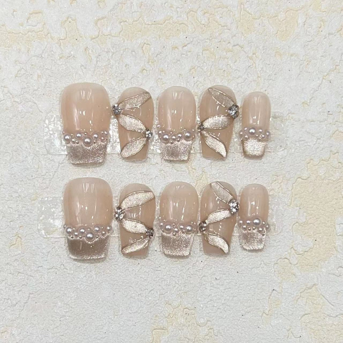 Luxurious Decorative Press-On Nail Set with Pearl and Gemstone Accents Acalora