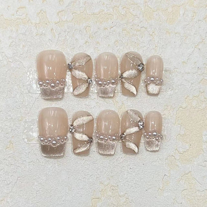 Luxurious Decorative Press-On Nail Set with Pearl and Gemstone Accents Acalora