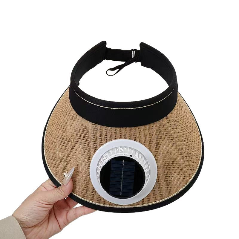Foldable straw hat visor with integrated solar fan, adjustable neck strap, and breathable sweatband Bowlift