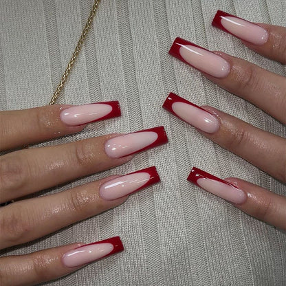 Elegant Press-On Nail Set with Artistic Red and White Design Acalora