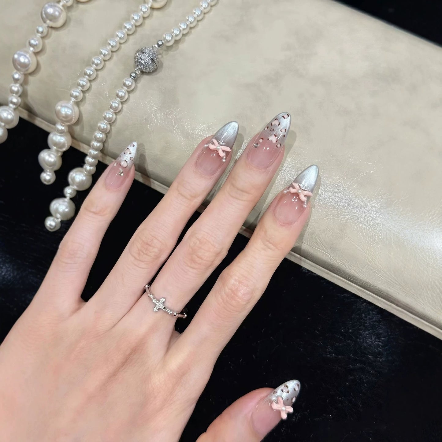 Decorative Press-On Nail Design with Bow Accents Acalora