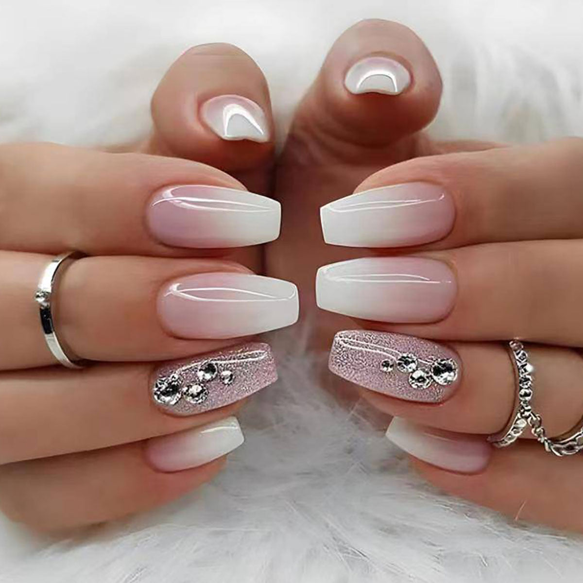 Elegant Ombre Press-On Nail Tips with Rhinestone Accents Acalora