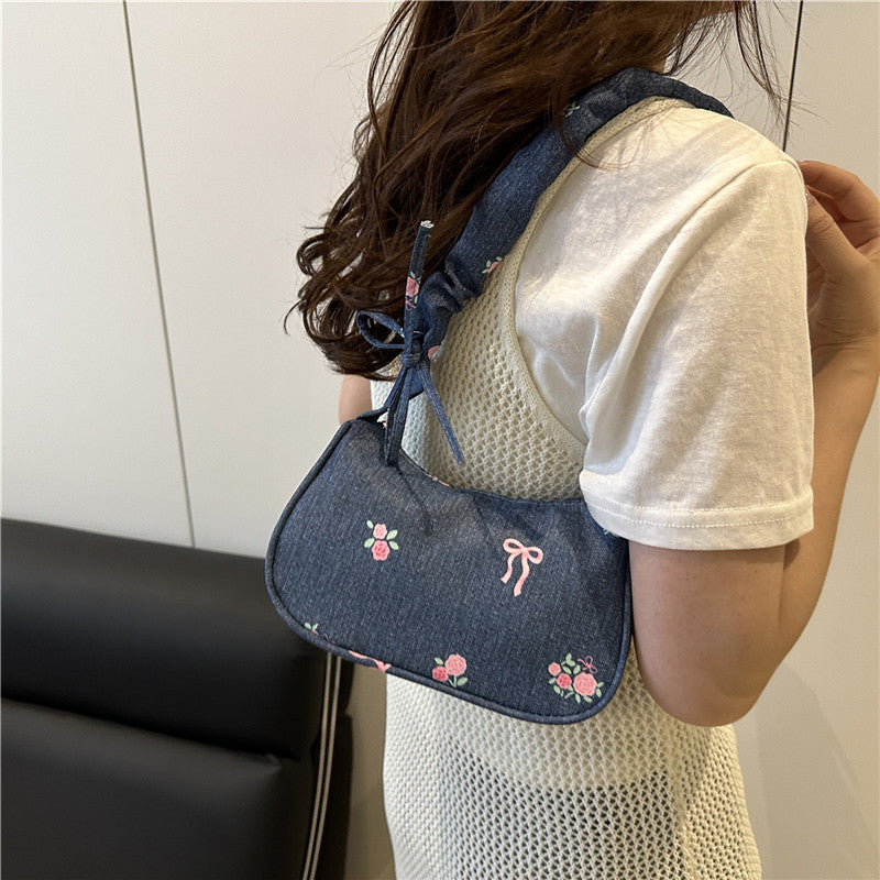 Embroidered Denim Shoulder Bag Acalora