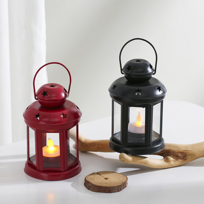 Hexagonal Glass-Paneled Metal Tealight Lantern with Star Vent Cutouts Acalora