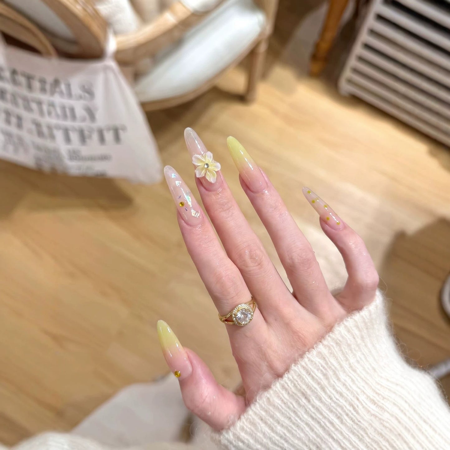 Elegant Long Stiletto Press-On Nail Art Set with Floral Accents Acalora