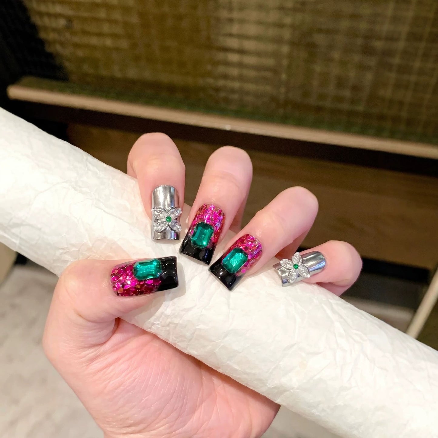 Glamorous Press-On Nail Design with Jewel Accents Acalora
