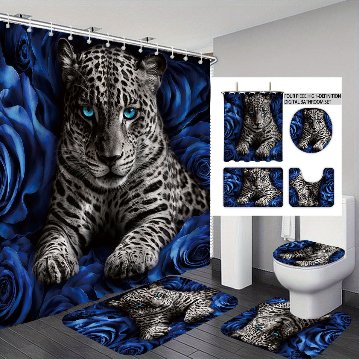 Artistic High-Definition Leopard and Rose-Themed Bathroom Décor Set