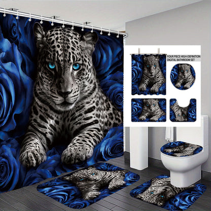 Artistic High-Definition Leopard and Rose-Themed Bathroom Décor Set
