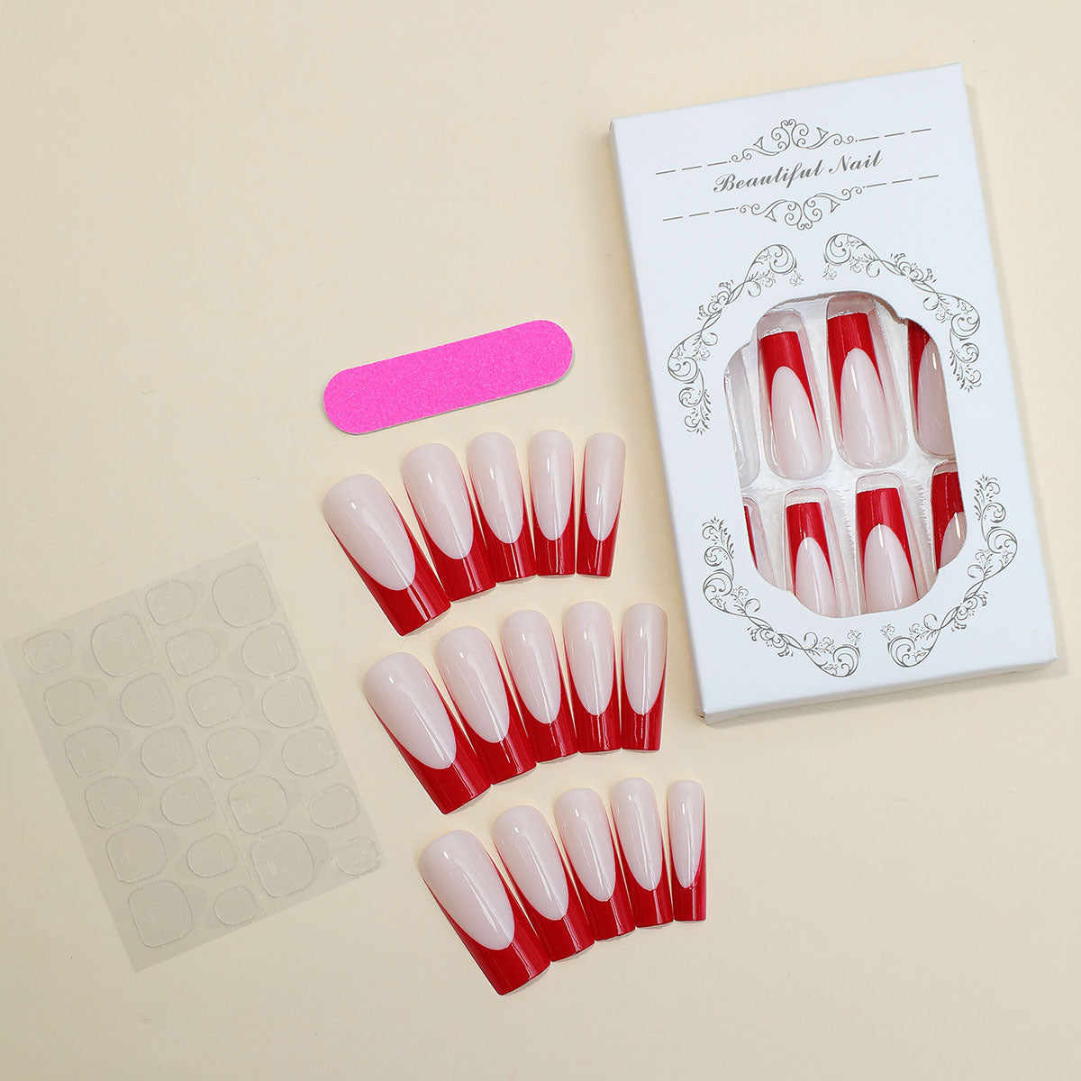 Elegant Press-On Nail Set with Artistic Red and White Design Acalora