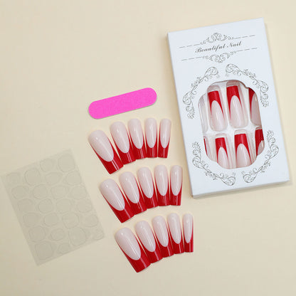 Elegant Press-On Nail Set with Artistic Red and White Design Acalora