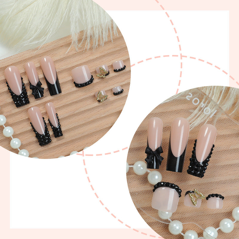 Elegant Press-On Nail Art Set with Decorative Bows and Crystal Accents Acalora