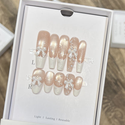 Decorative Long Press-On Nail Set with Bow and Pearl Accents Acalora