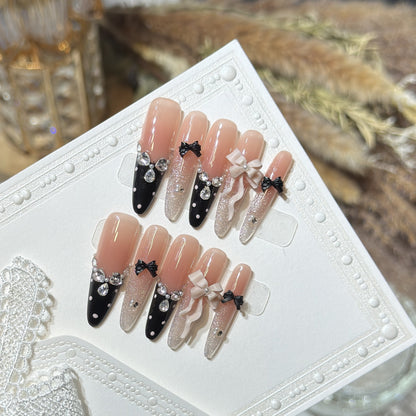 Glamorous Stiletto Press-On Nail Set with Decorative Bow and Gemstone Accents Acalora