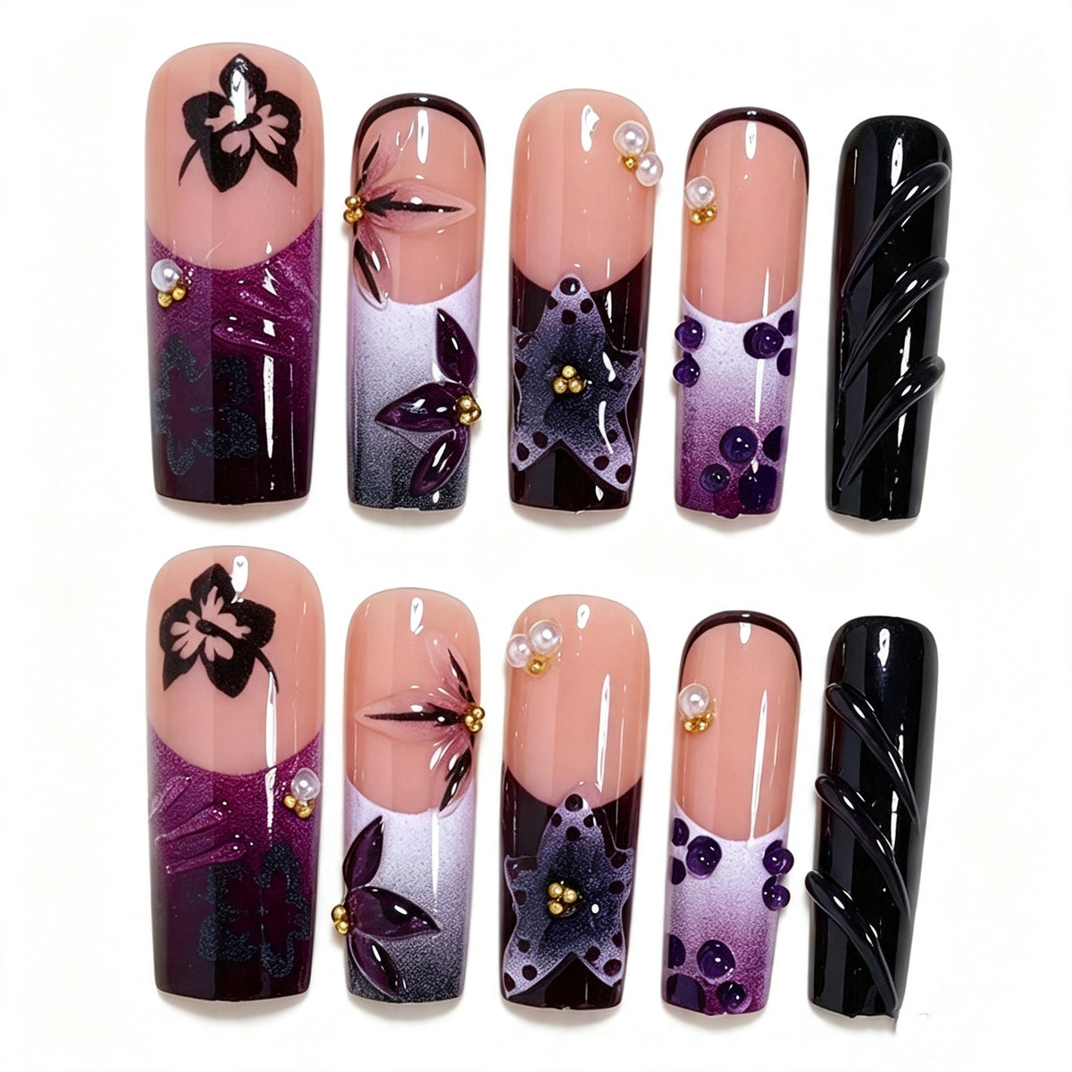 Artistic Long Nail Design with Floral Accents Acalora