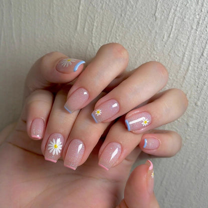 Artificial nails with delicate floral patterns and glitter effect Acalora