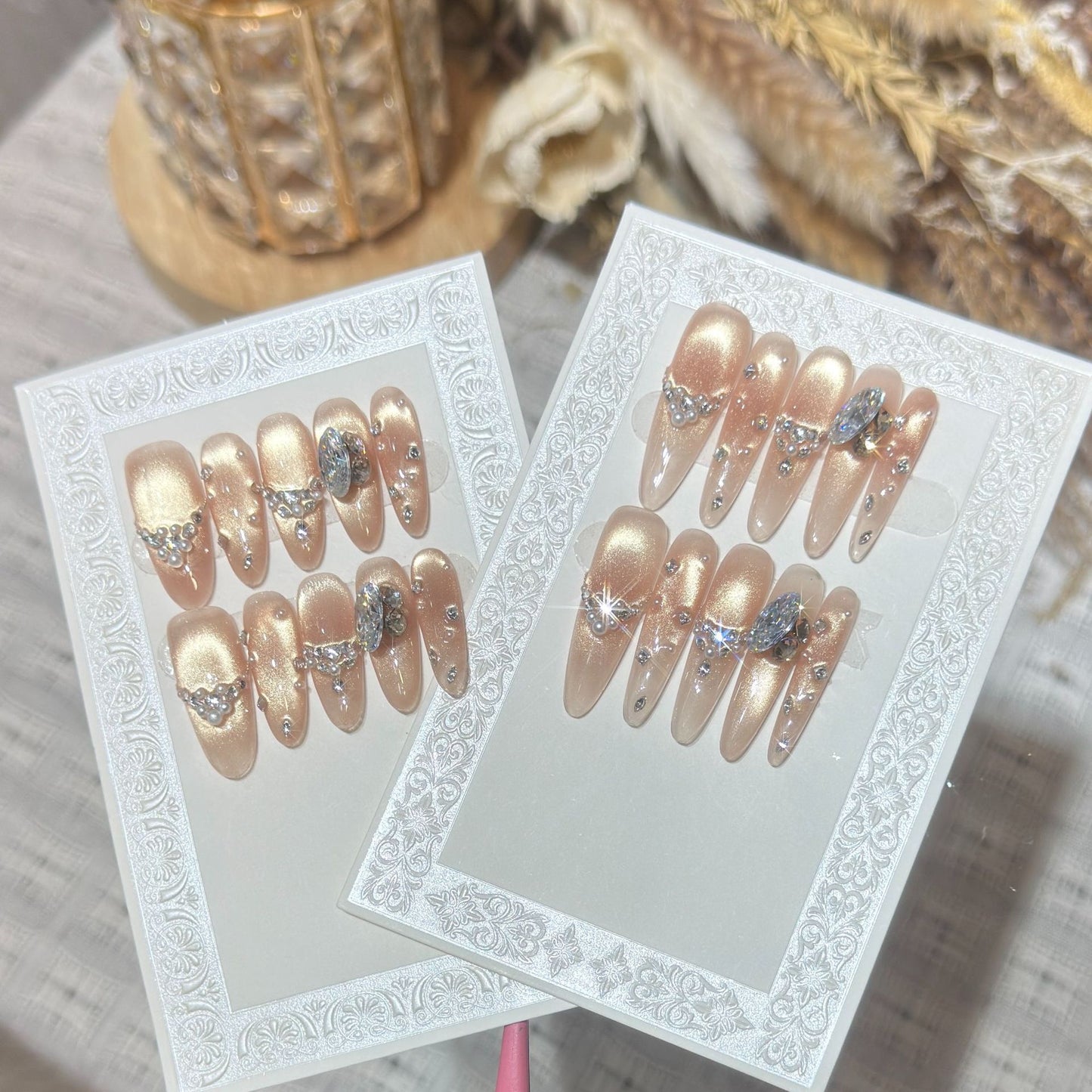 Elegant Stiletto Nail Art Set with Rhinestone and Glitter Detailing Acalora