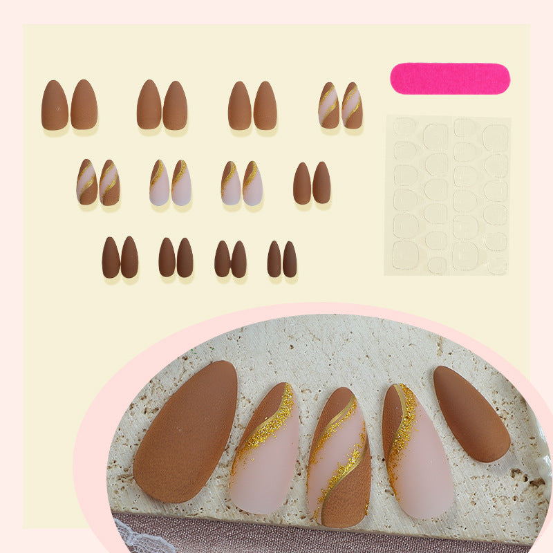 Elegant Press-On Nail Set with Decorative Gold Stripe Design Acalora