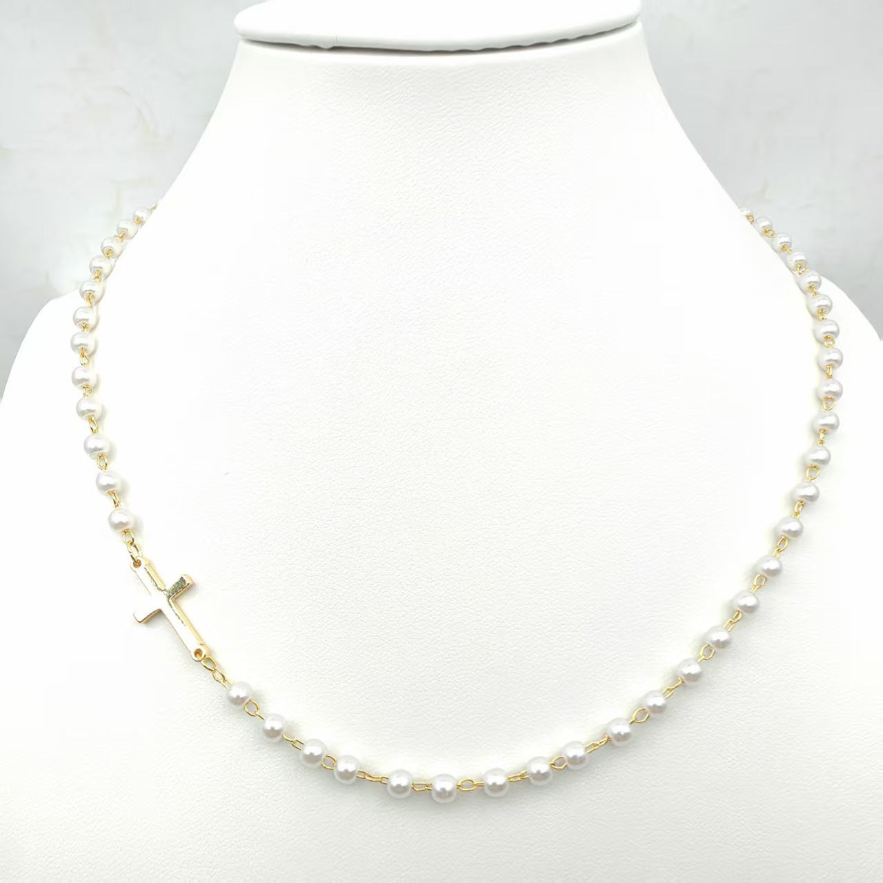 BowLift | Dainty Faux Pearl Cross Station Choker Necklace