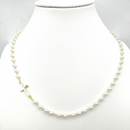 BowLift | Dainty Faux Pearl Cross Station Choker Necklace