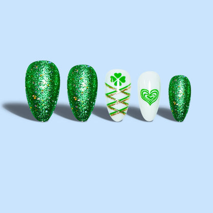 Glamorous Stiletto Press-On Nail Art with Glitter and Shamrock Design Acalora