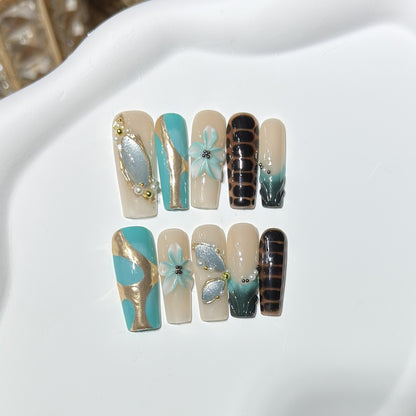 Artistic Press-On Nail Art Set with Floral and Geometric Designs Acalora
