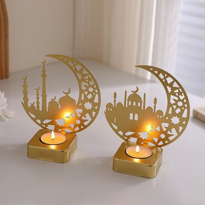Crescent Silhouette Mosque Tea Light Lantern with Filigree Metal Base Acalora