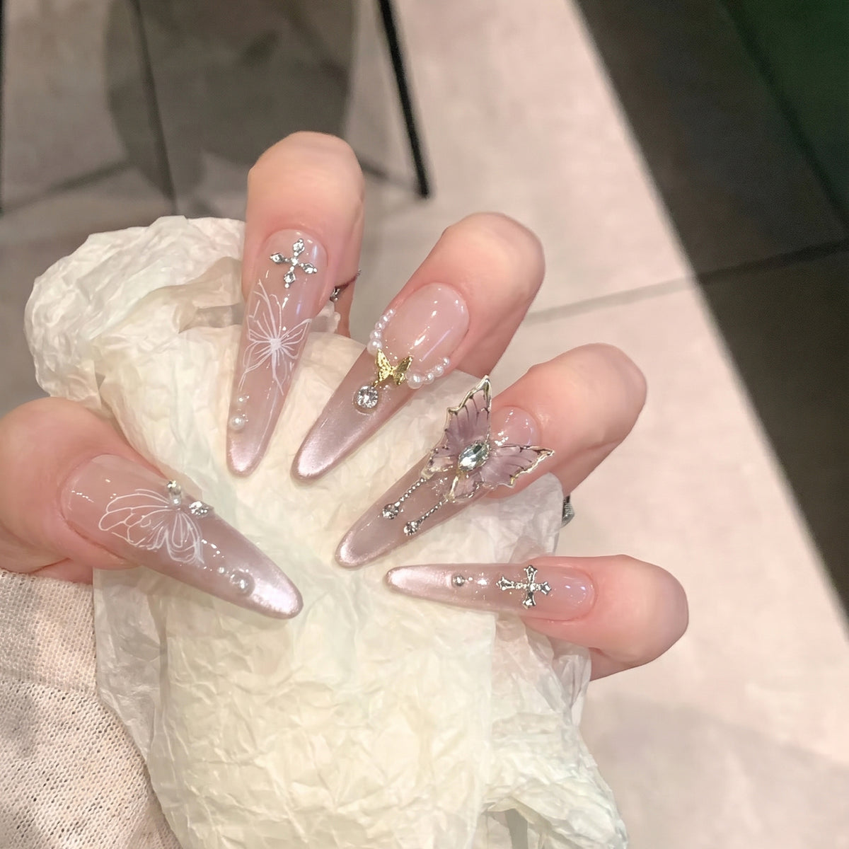 Artistic Stiletto Press-On Nail Design Set with Butterfly and Gemstone Accents Acalora
