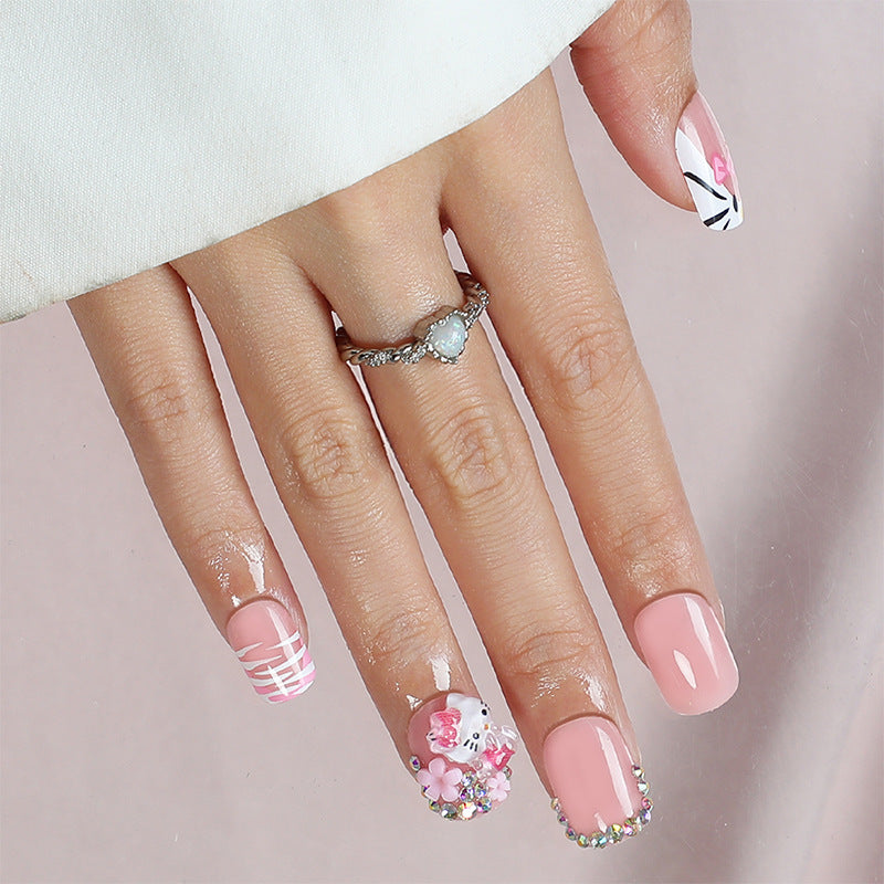 Artistic Press-On Nail Set with Cute Character Designs Acalora
