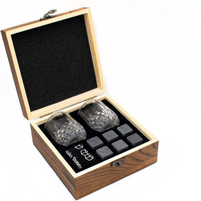 Cut crystal whiskey glasses gift set with reusable chilling stones and wooden presentation box Bowlift