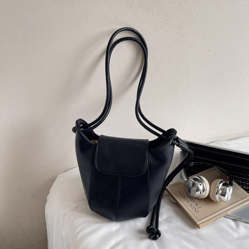 Vintage-Inspired Leather Drawstring Bucket Bag Acalora
