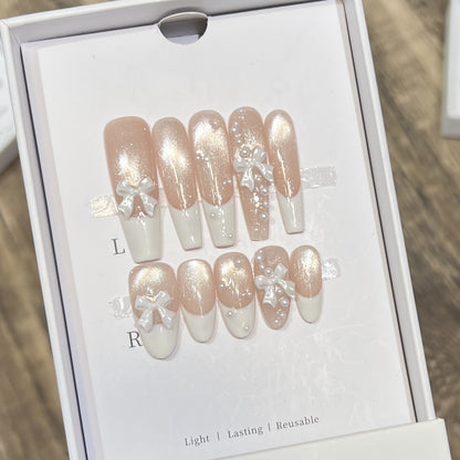 Decorative Long Press-On Nail Set with Bow and Pearl Accents Acalora