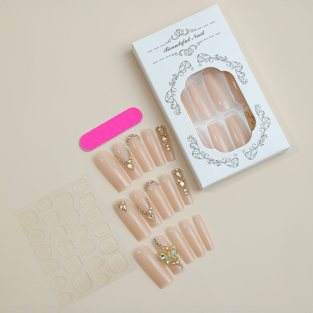 Decorative Press-On Nail Set with Rhinestone Embellishments Acalora